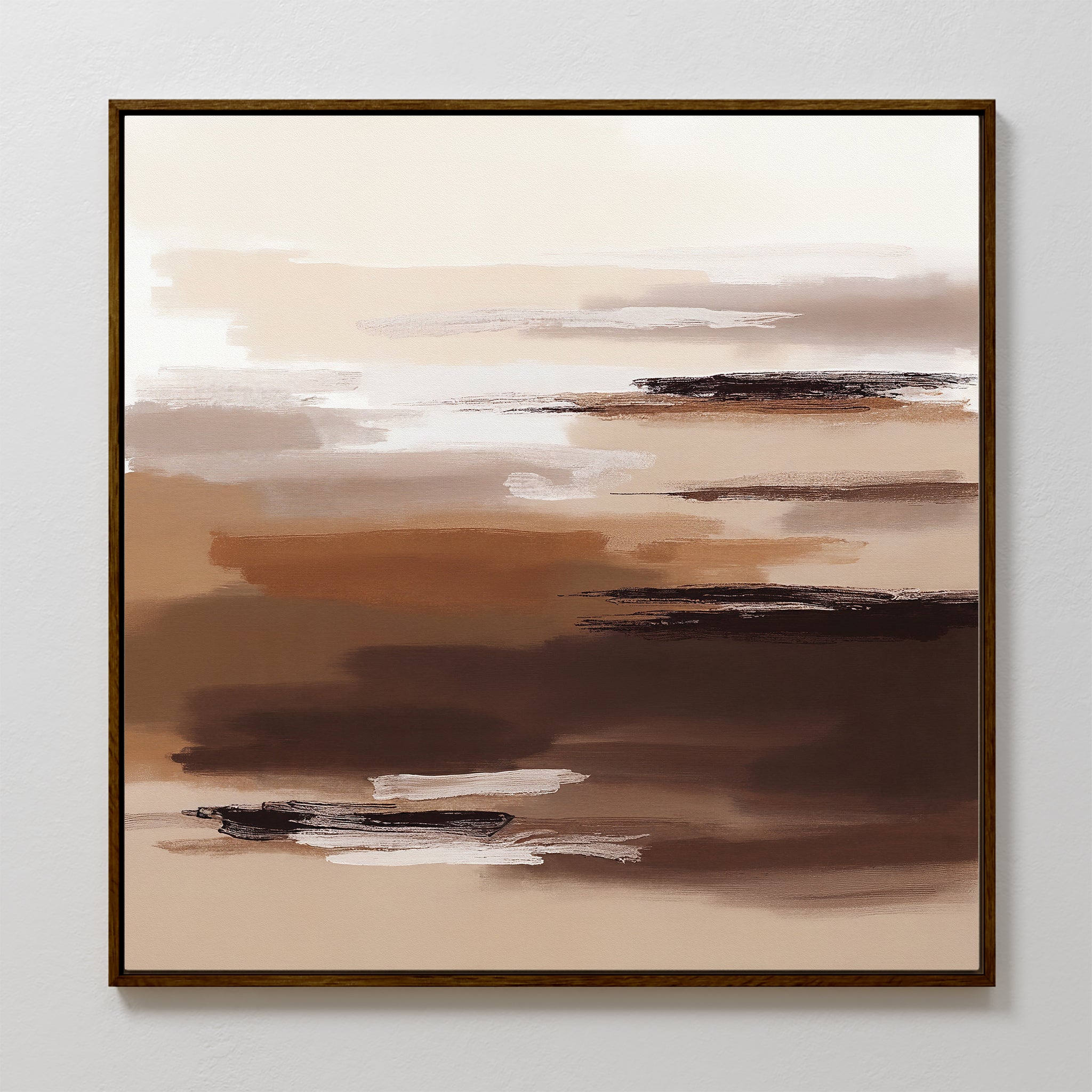 Desert Winds Canvas Art - Square features broad horizontal brushstrokes in beige, brown, cream, and black on a white background, creating earth-toned wall art with a layered landscape effect in a slim dark frame.