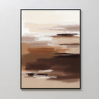 The Desert Winds Canvas Art - Vertical features abstract earth-toned brushstrokes in brown, beige, cream, and white. Inspired by Nordic Park, this framed artwork adds a calm touch when displayed on a plain white wall.
