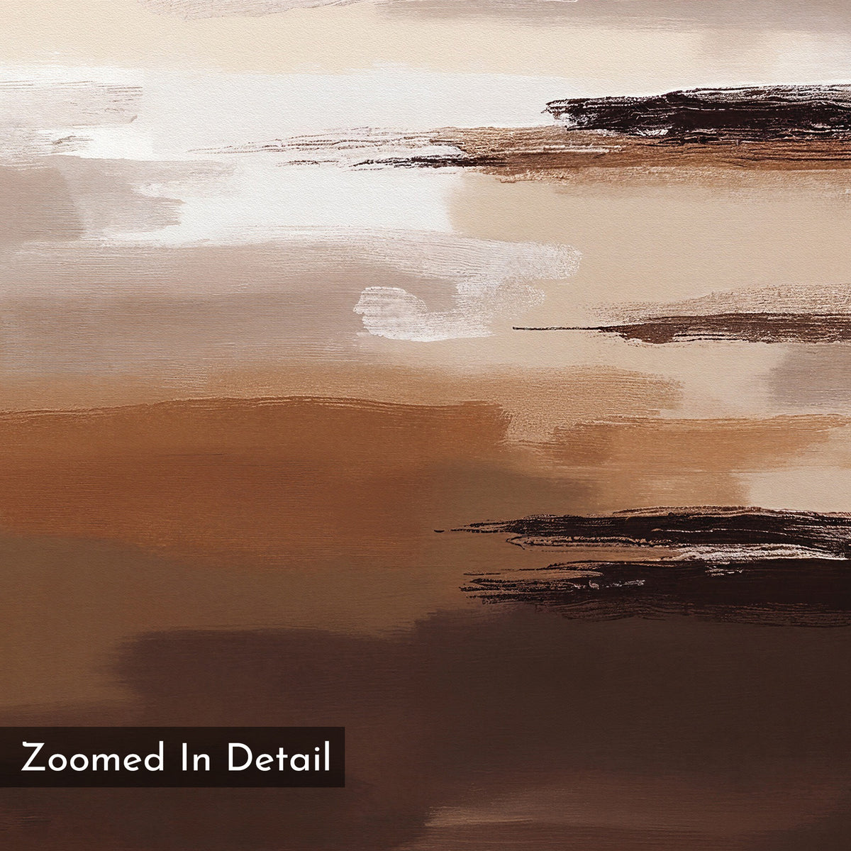 The Desert Winds Canvas Art - Vertical features an abstract blend of brown, beige, and white brushstrokes with darker streaks for depth, inspired by Nordic Park earth tones. "Zoomed In Detail" is printed in the lower left corner.