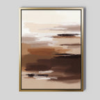 Desert Winds Canvas Art - Vertical displays earth-toned brushstrokes—brown, beige, cream, and white—framed in slim gold against a light gray backdrop for a refined Nordic Park aesthetic.