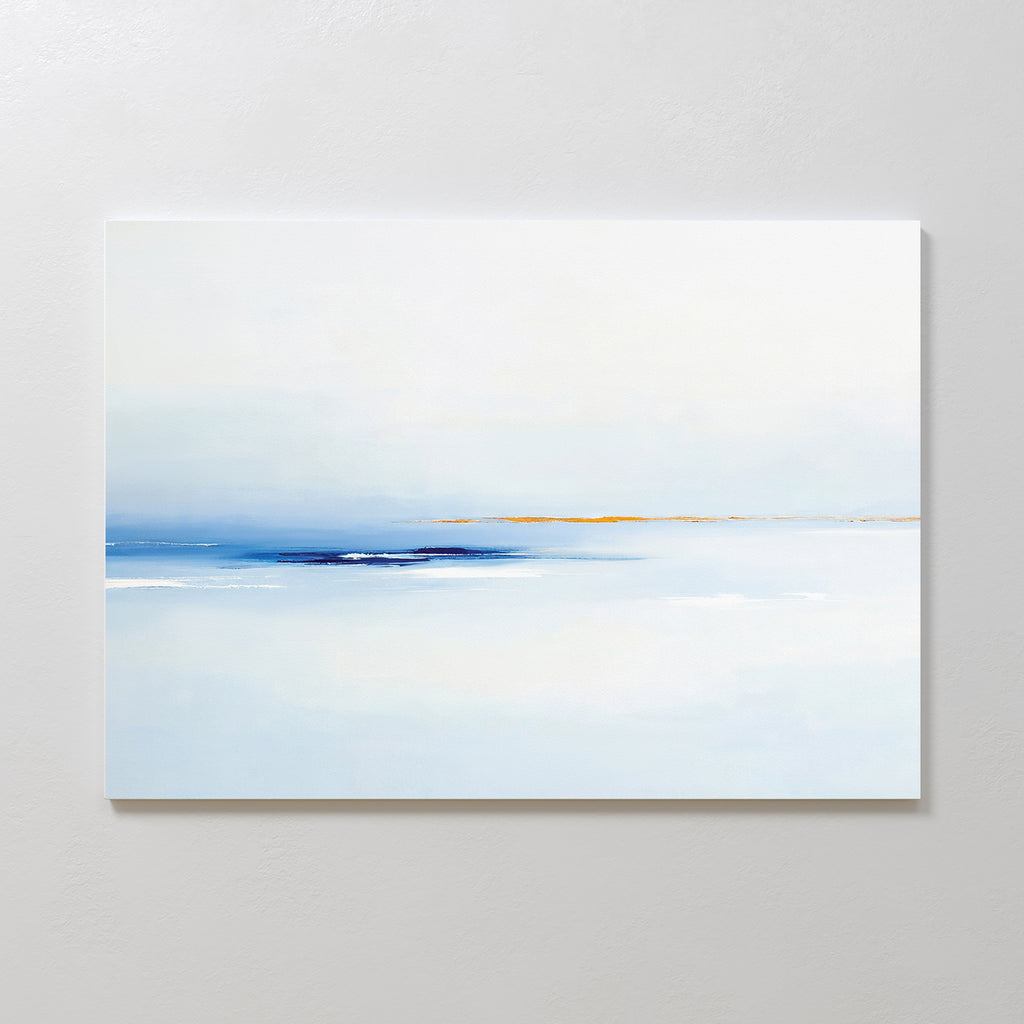 The Distant Archipelago Canvas Art - Horizontal features minimalist wall art in soft light blue and white tones with a thin line of muted yellow and deep blue on the horizon, creating a serene, airy feel ideal for contemporary interiors.