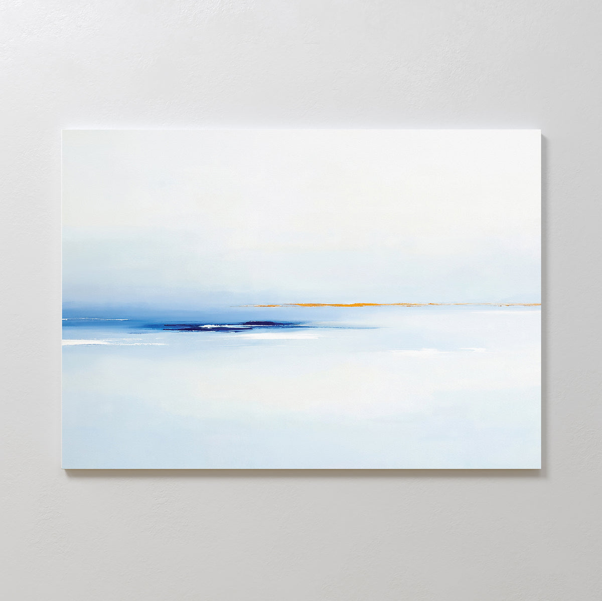 The Distant Archipelago Canvas Art - Horizontal features minimalist wall art in soft light blue and white tones with a thin line of muted yellow and deep blue on the horizon, creating a serene, airy feel ideal for contemporary interiors.