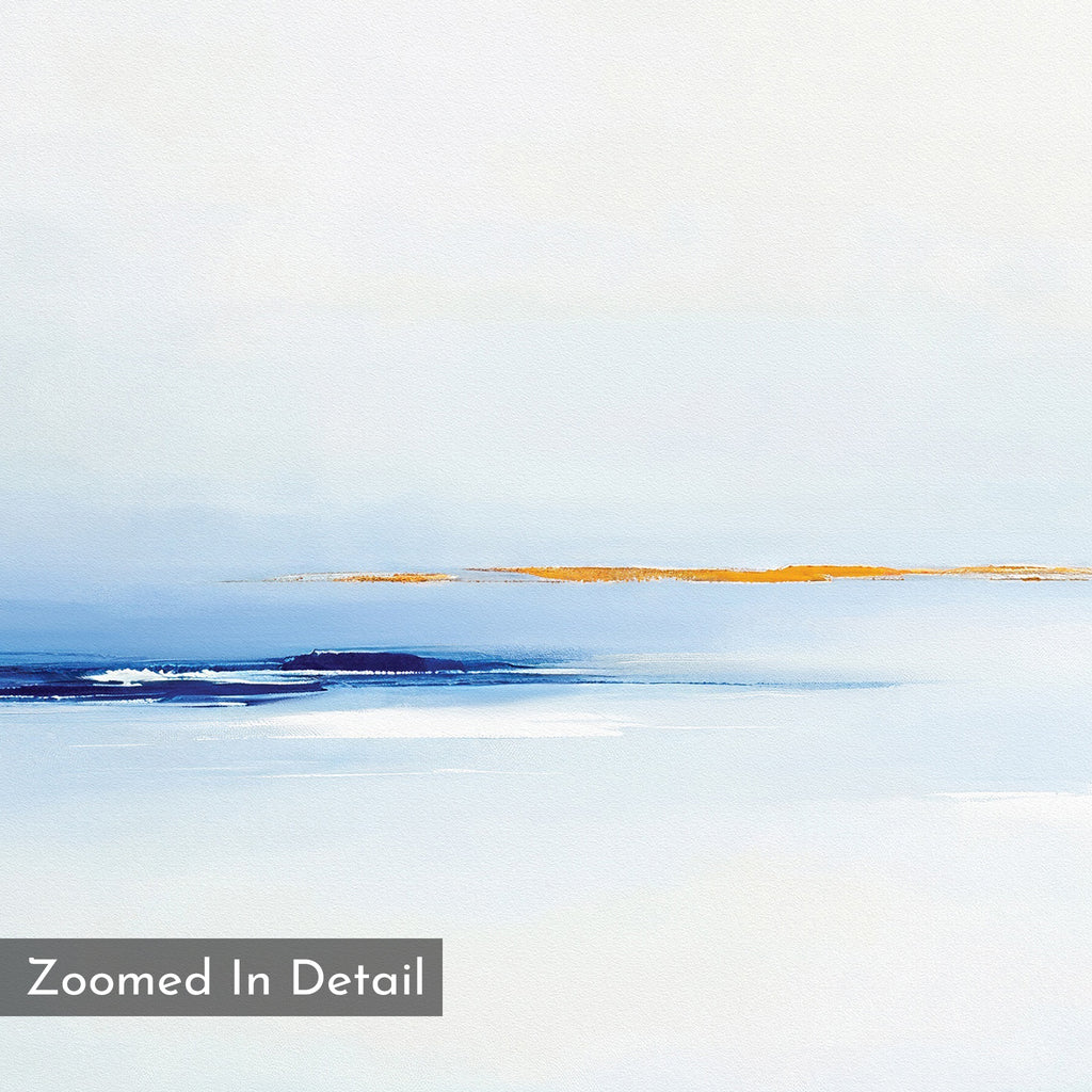 Distant Archipelago Canvas Art - Horizontal features soft, blurred blue and white bands with a thin orange accent. "Zoomed In Detail" appears in the corner—making it perfect contemporary decor for minimalist spaces.