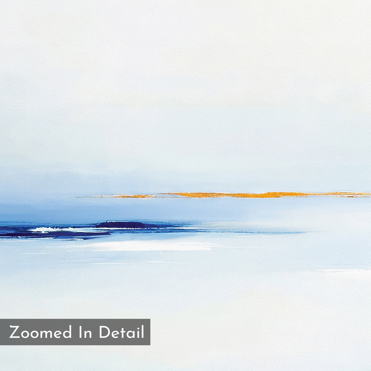 Distant Archipelago Canvas Art - Horizontal features soft, blurred blue and white bands with a thin orange accent. "Zoomed In Detail" appears in the corner—making it perfect contemporary decor for minimalist spaces.