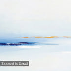 Distant Archipelago Canvas Art - Horizontal features soft, blurred blue and white bands with a thin orange accent. "Zoomed In Detail" appears in the corner—making it perfect contemporary decor for minimalist spaces.