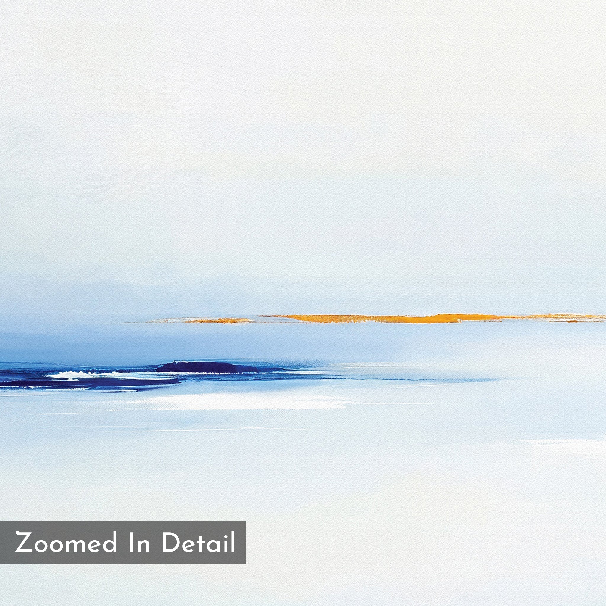 Distant Archipelago Canvas Art - Horizontal features soft, blurred blue and white bands with a thin orange accent. "Zoomed In Detail" appears in the corner—making it perfect contemporary decor for minimalist spaces.