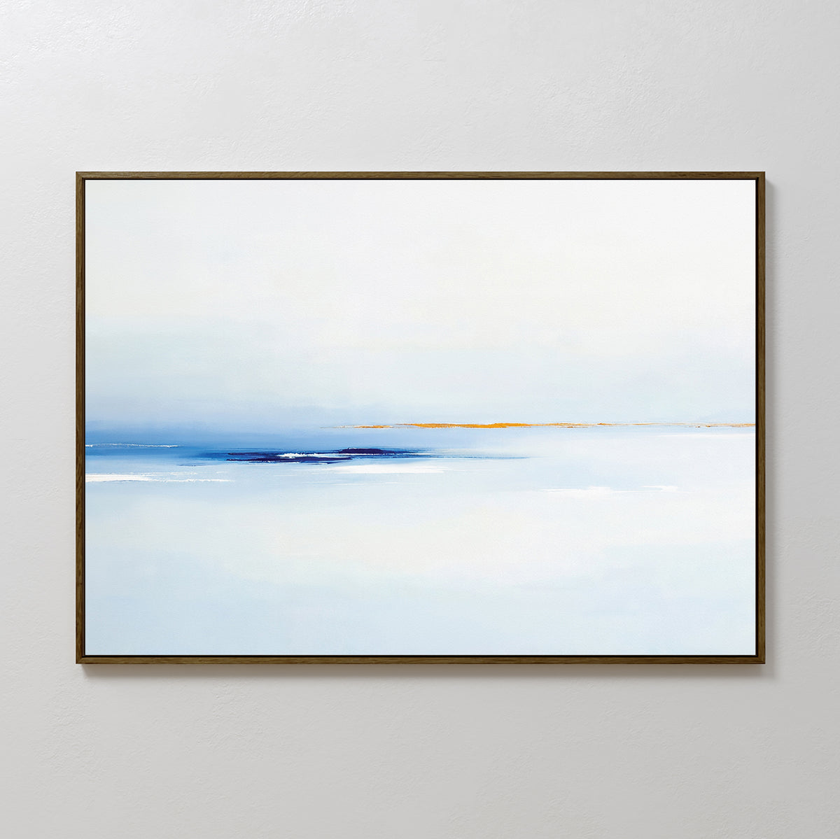 Distant Archipelago Canvas Art - Horizontal features soft white and light blue tones, a touch of yellow at the center, and a slim brown frame; evokes a calm seascape—a perfect contemporary accent for any white wall.