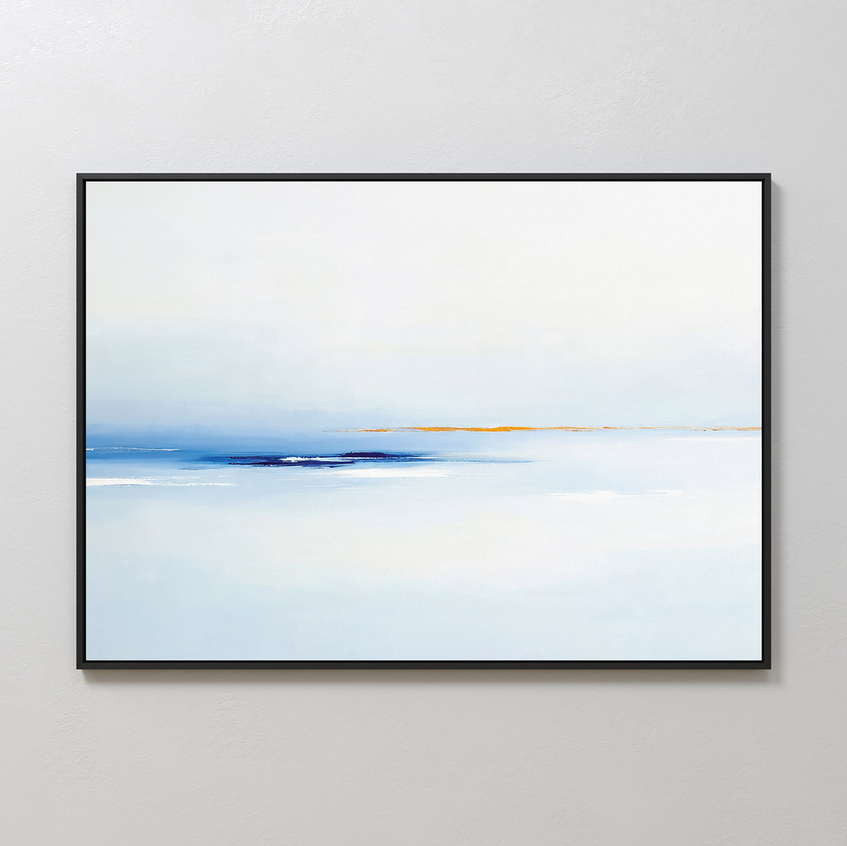 Distant Archipelago Canvas Art - Horizontal features minimalist wall art in a black frame with a mostly white background, light blue shading, and an orange and blue line, evoking a calm abstract seascape—ideal for modern spaces.