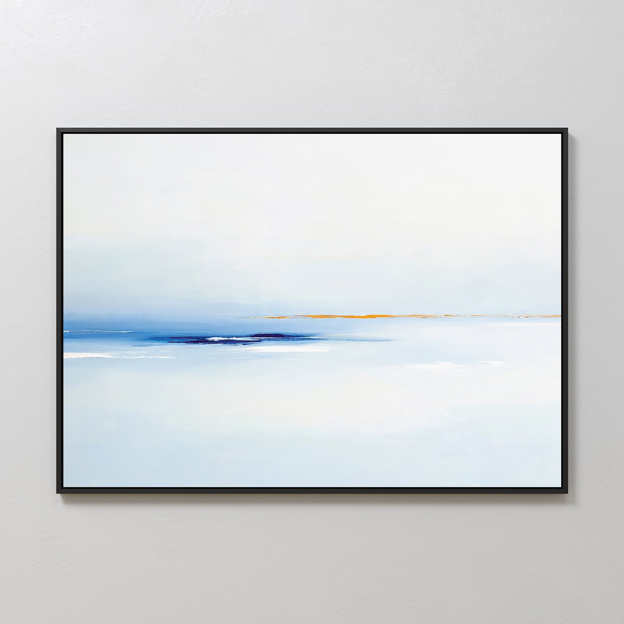 Distant Archipelago Canvas Art - Horizontal features minimalist wall art in a black frame with a mostly white background, light blue shading, and an orange and blue line, evoking a calm abstract seascape—ideal for modern spaces.
