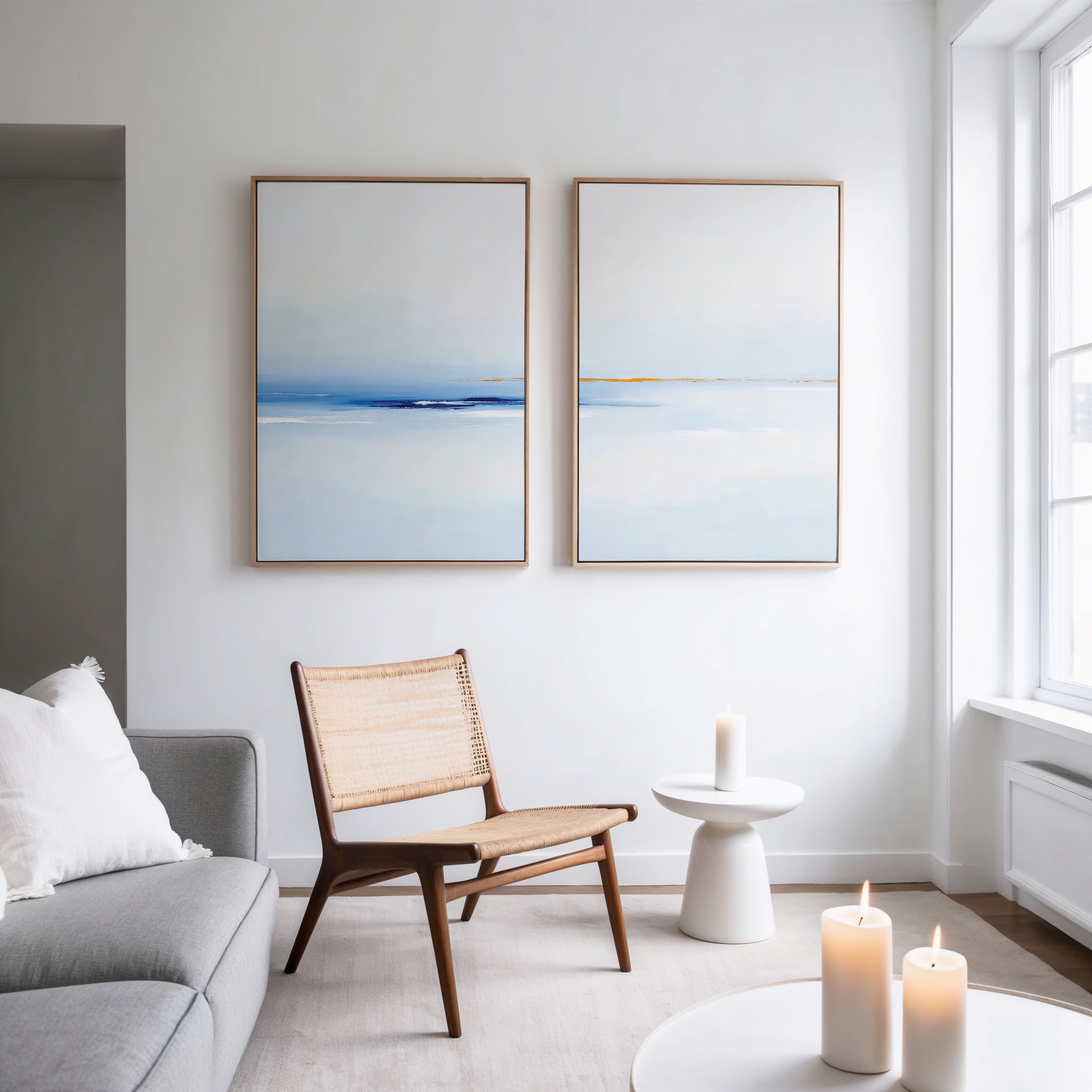 A modern, minimal living room with a wooden chair, gray sofa, small white side table with a lit candle, and "Distant Archipelago - Set Of 2" blue and white wall art above the sofa. Three candles sit on a low table near a large window.