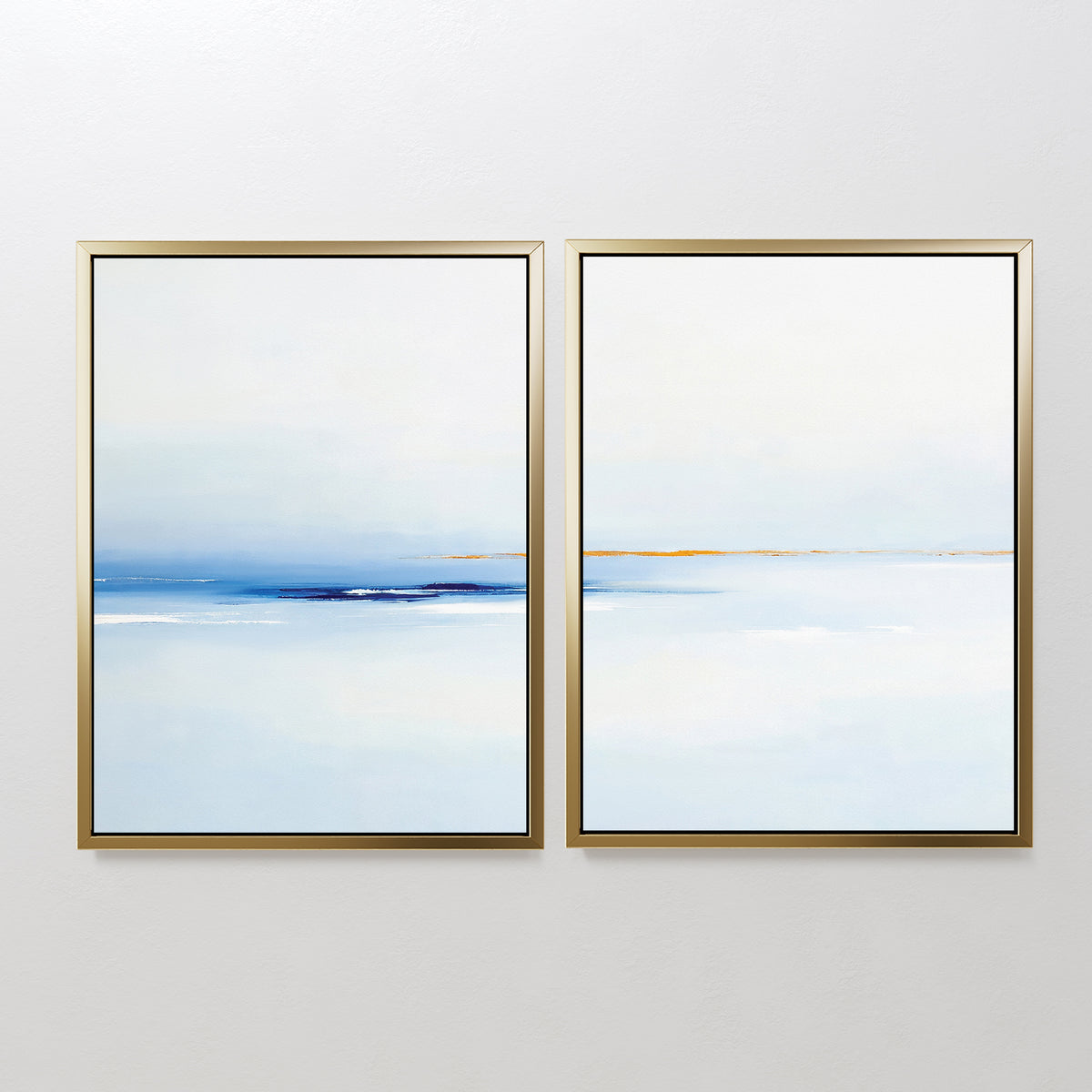 The Distant Archipelago - Set Of 2 features framed abstract prints in soft blue, white, and ochre, evoking a tranquil seascape. This contemporary wall art is perfect for adding minimalist Nordic Park-inspired style to your space.