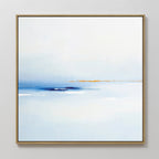 Distant Archipelago Canvas Art - Square: Abstract painting in a gold frame, blending white, light blue, orange, and deep blue for a calm, minimalist seascape—ideal contemporary wall art with refined Nordic Park-inspired style.