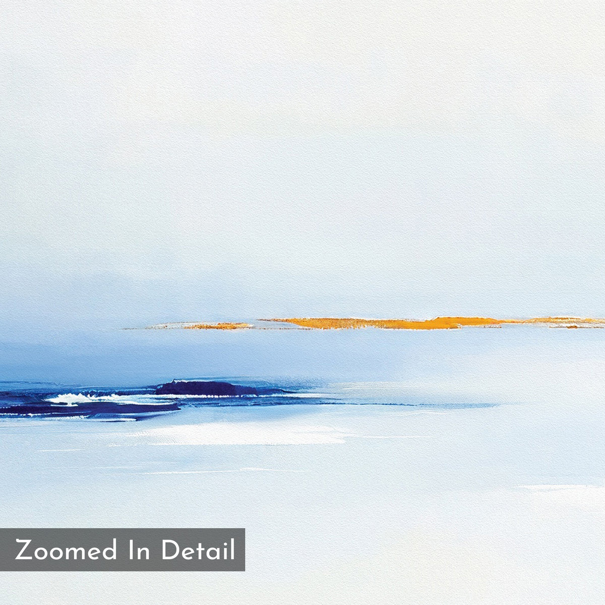 The Distant Archipelago Canvas Art - Square features a minimalist abstract design with soft blue and white tones, highlighted by a vivid orange streak near the top. "Zoomed In Detail" is inscribed in the corner for added interest.