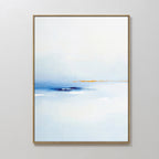 The Distant Archipelago Canvas Art - Vertical features soft white and light blue hues, bold blue brushstrokes, and a touch of yellow and ochre. Framed in gold, this contemporary piece adds Nordic Park-inspired elegance to any space.