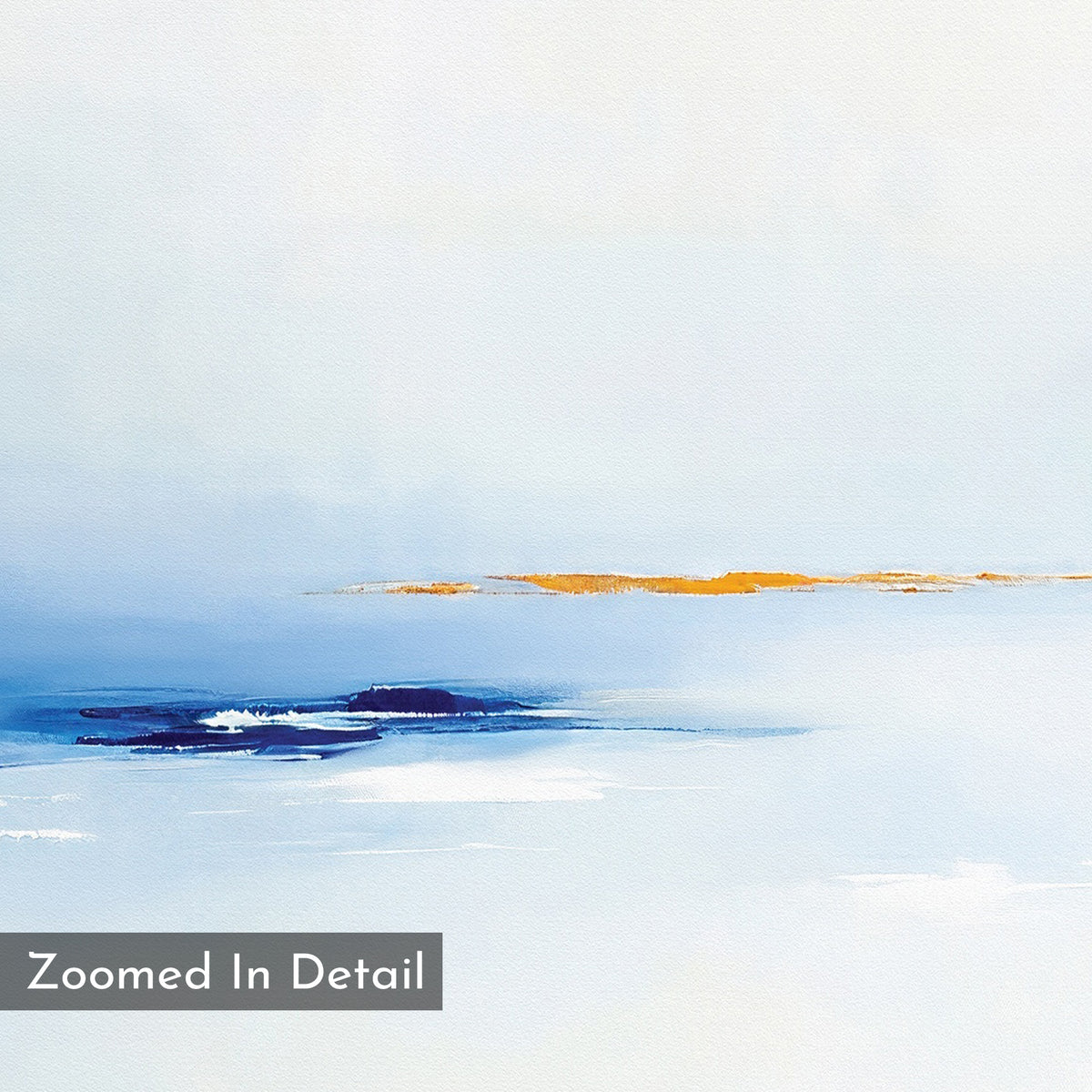 Distant Archipelago Canvas Art - Vertical features soft blue and white tones with vivid orange and deep blue brushstrokes at the center, creating a tranquil, minimalist seascape perfect for modern walls. A corner label reads Zoomed In Detail.