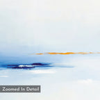 Distant Archipelago Canvas Art - Vertical features soft blue and white tones with vivid orange and deep blue brushstrokes at the center, creating a tranquil, minimalist seascape perfect for modern walls. A corner label reads Zoomed In Detail.