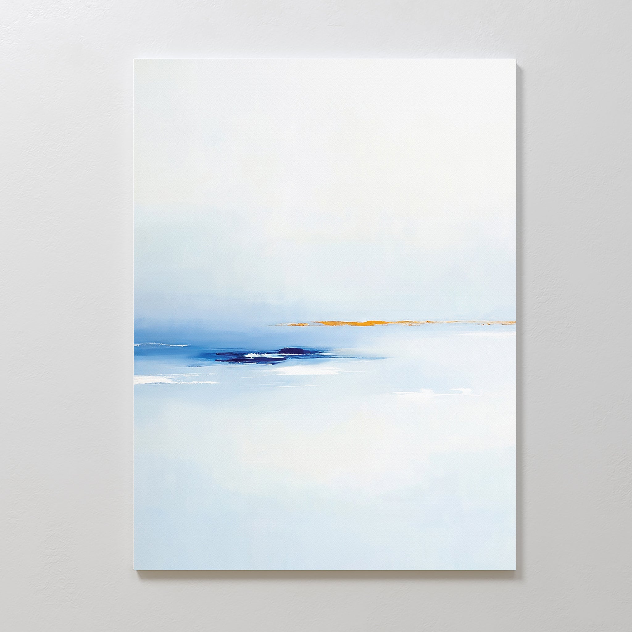 Distant Archipelago Canvas Art - Vertical features a minimalist white and light blue background with a soft blue horizontal area and a subtle orange line, evoking a tranquil seascape—ideal for contemporary wall art collections.