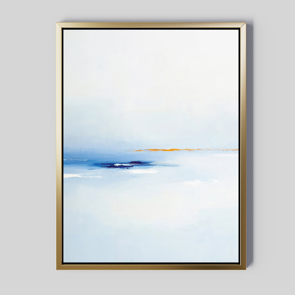 The Distant Archipelago Canvas Art - Vertical features soft blue and white tones with a yellow-orange horizon, framed in gold and displayed on a light gray wall—a perfect minimalist piece for contemporary art lovers.