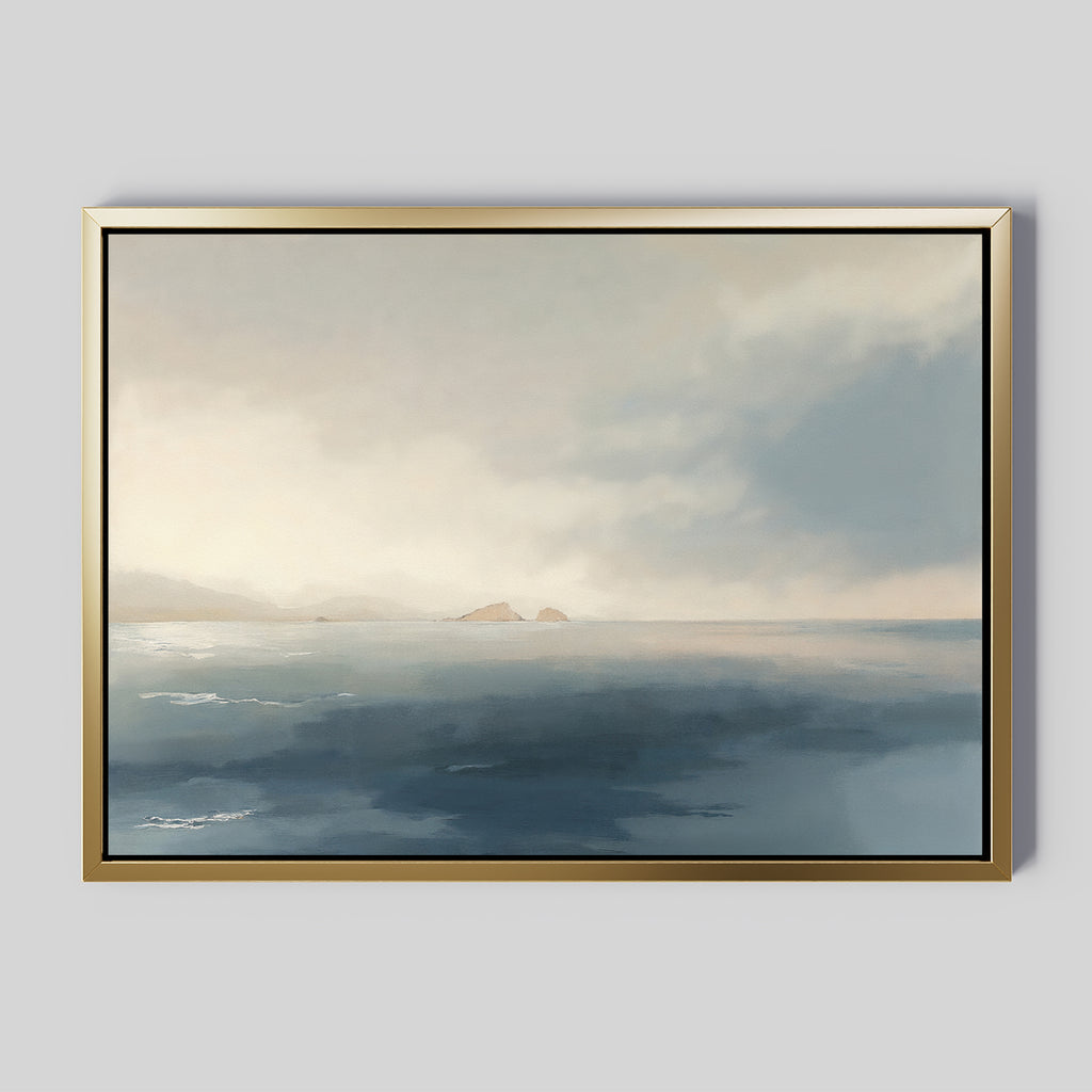 Distant Isles Canvas Art - Horizontal: a framed serene seascape featuring a calm sea, subtle waves, distant islands, and a soft blue-beige cloudy sky on a light gray background—ideal for tranquil home decor.