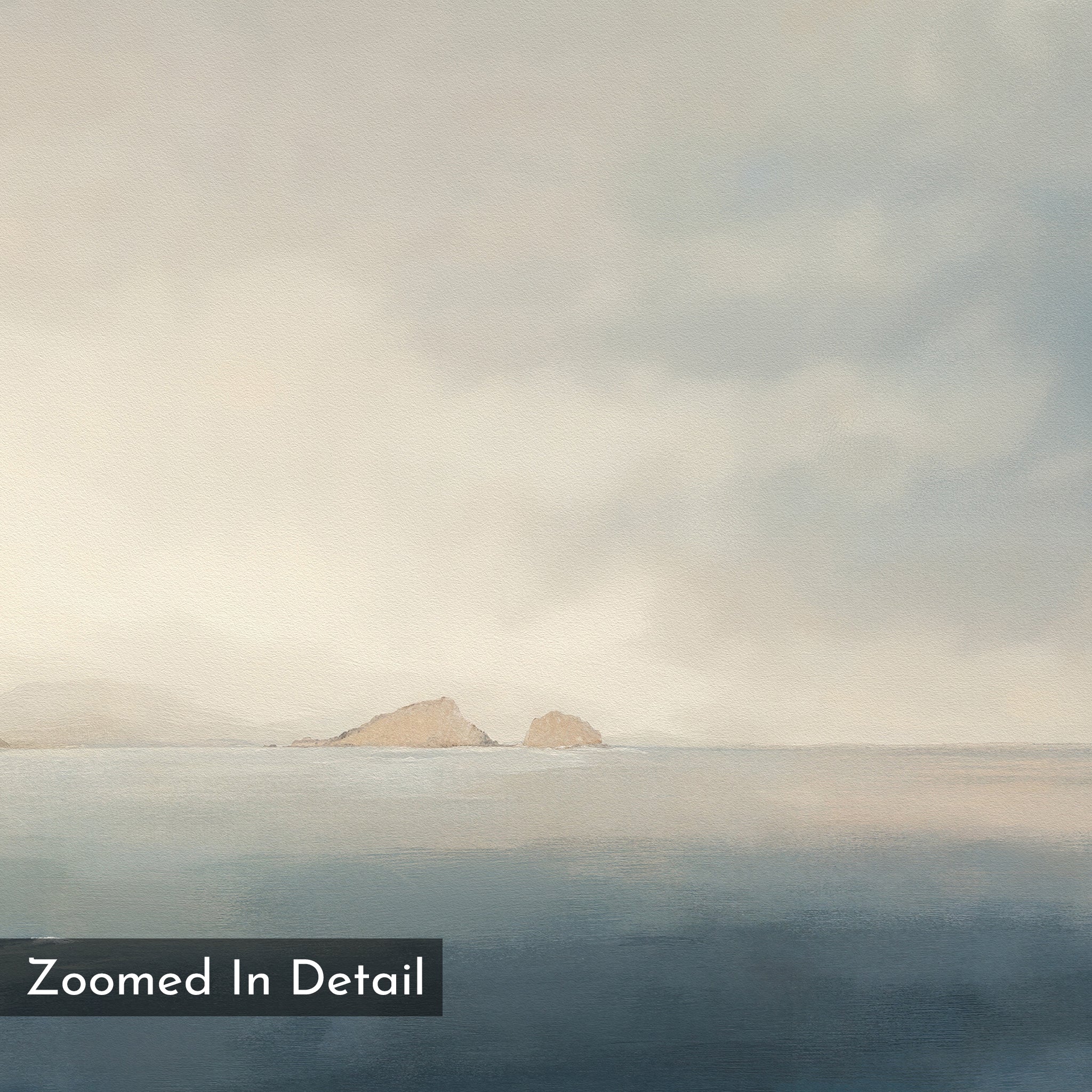 The Distant Isles Canvas Art - Horizontal features a serene seascape with distant rocky islands, a cloudy sky, and calm water reflecting soft pastel hues. "Zoomed In Detail" appears in the bottom left corner.