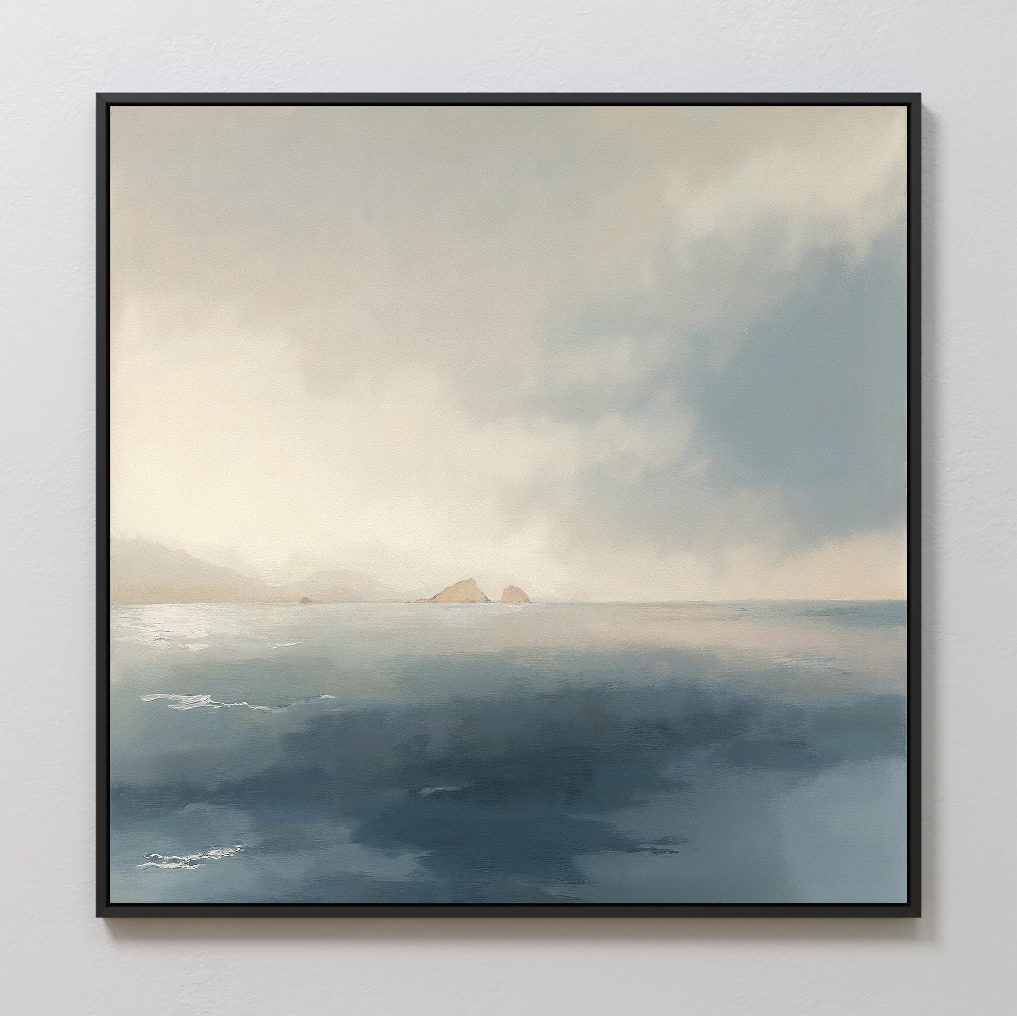 The Distant Isles Canvas Art - Square features serene rocky islands, soft clouds, and gentle light on blue-gray water, creating a peaceful Nordic Park ambiance that brings calm and tranquility to any space.