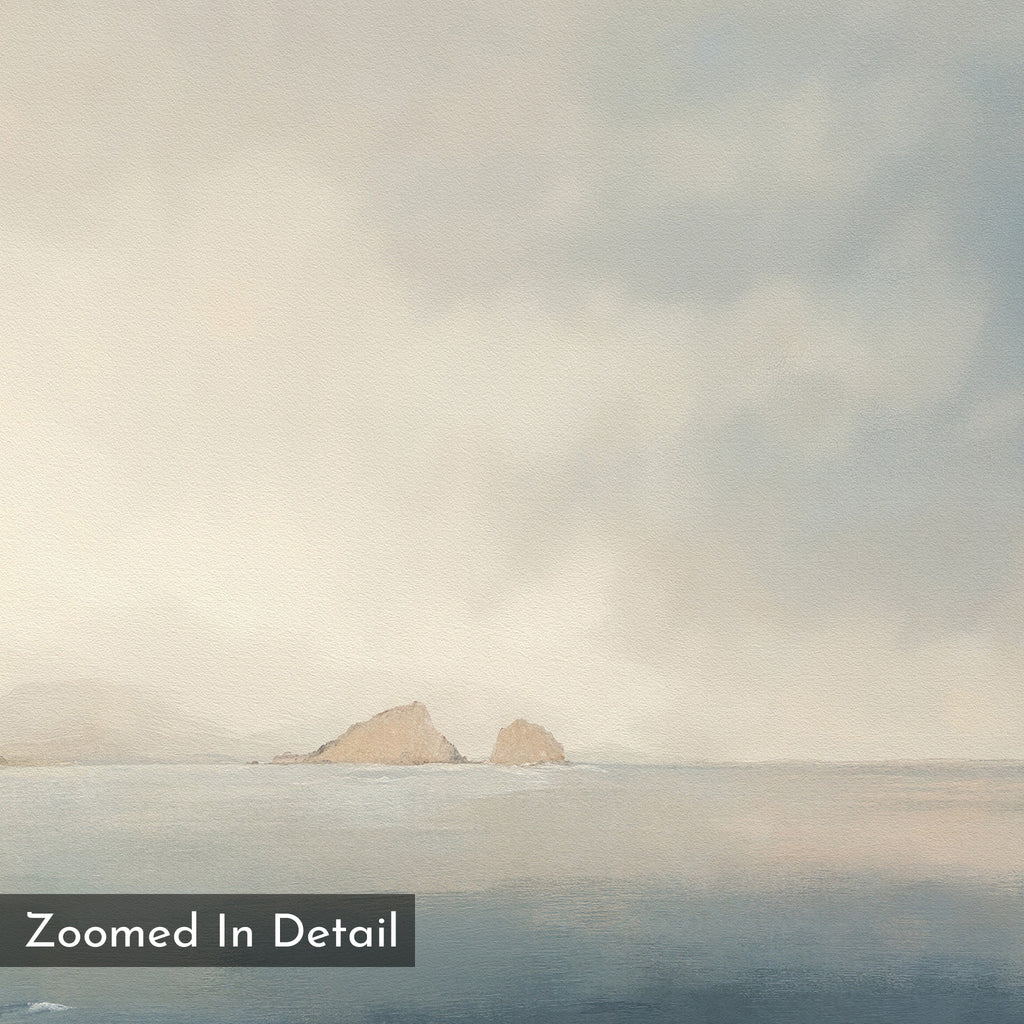 Distant Isles Canvas Art - Square: Soft watercolor seascape with distant rocky islands under a cloudy sky in muted tones, creating a peaceful, hazy mood. Features “Zoomed In Detail” text in the corner—ideal serene wall art.