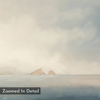 Distant Isles Canvas Art - Square: Soft watercolor seascape with distant rocky islands under a cloudy sky in muted tones, creating a peaceful, hazy mood. Features “Zoomed In Detail” text in the corner—ideal serene wall art.