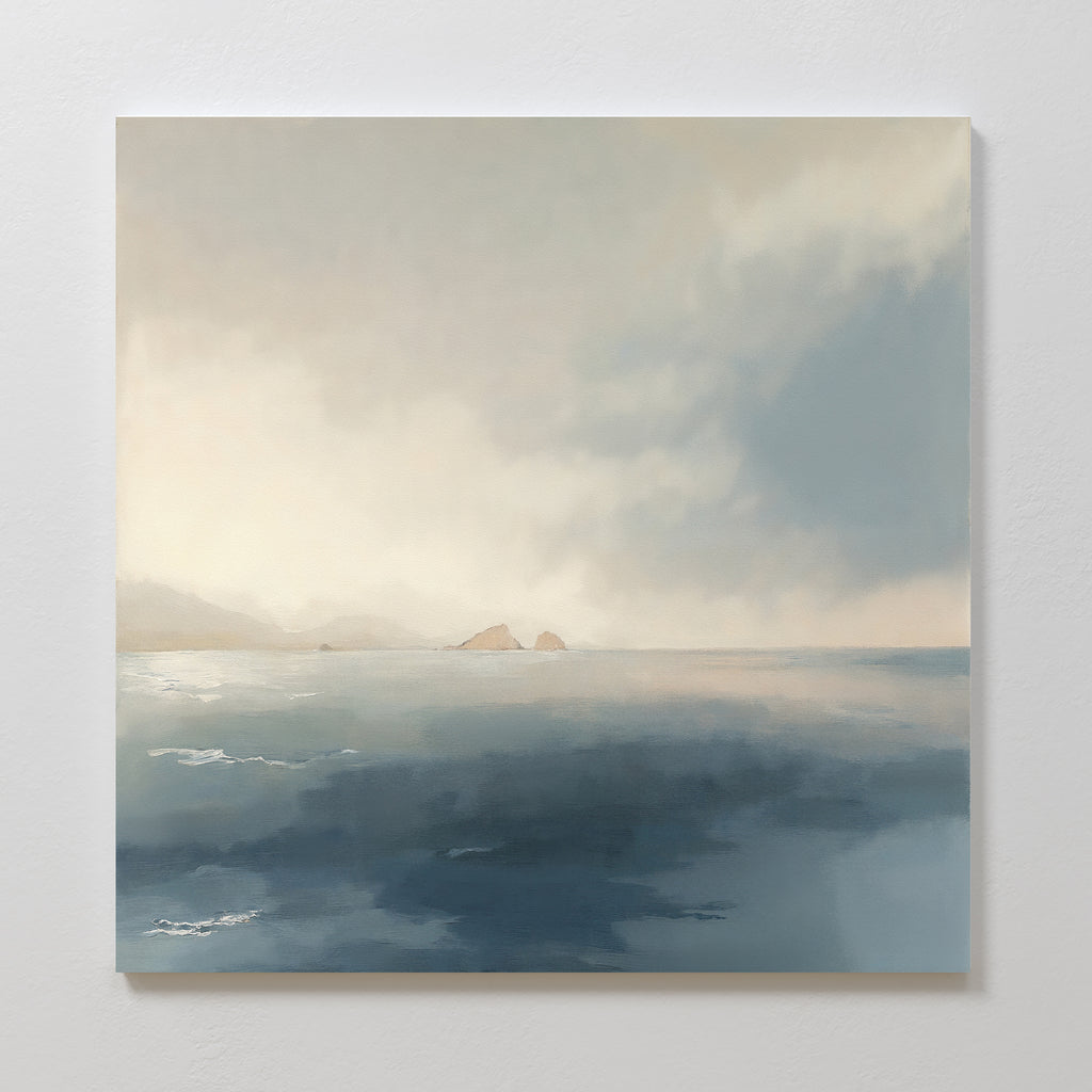 Bring calm to your space with the Distant Isles Canvas Art - Square, featuring a tranquil seascape of soft light, distant rocky islands, and serene blue-gray reflections beneath a cloudy sky. Perfect as soothing wall art for any room.