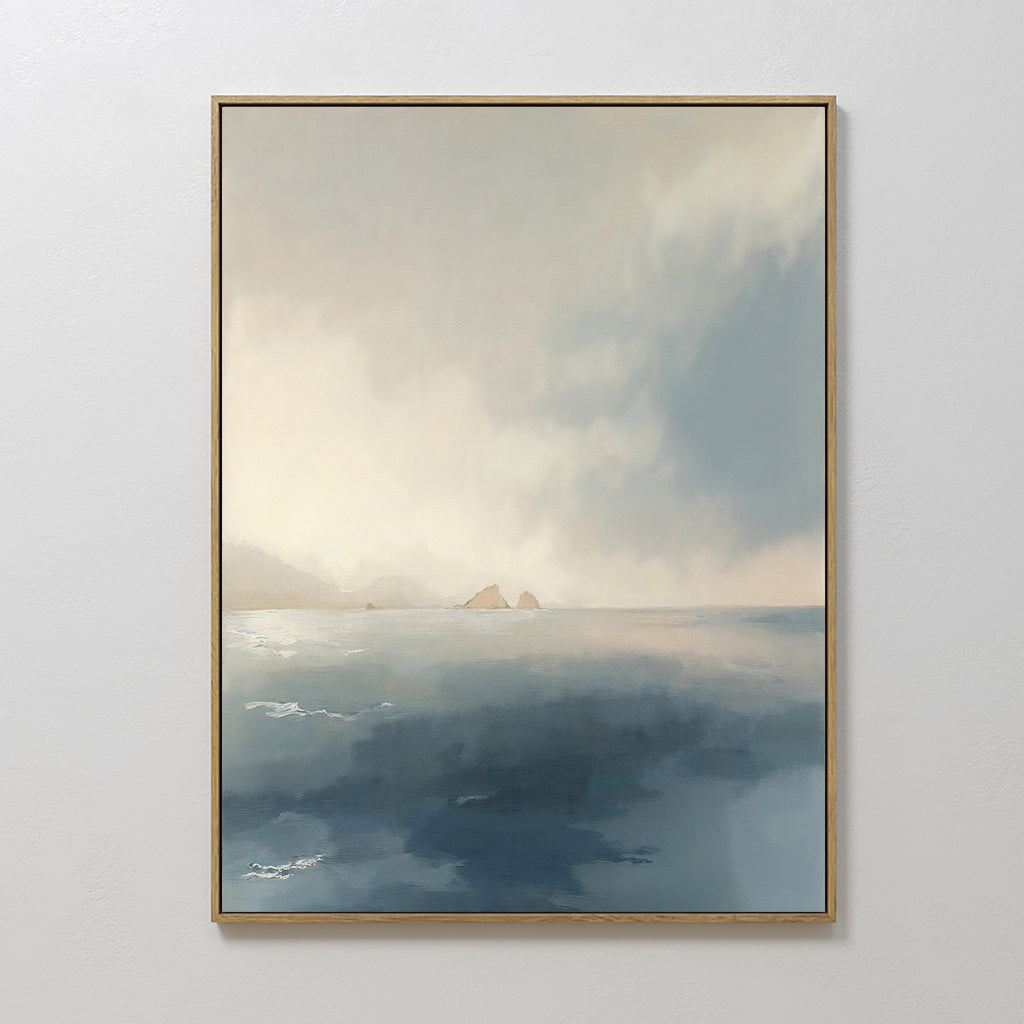 The Distant Isles Canvas Art - Vertical features a tranquil ocean with distant islands and a hazy sky in soft blues, grays, and whites—an ideal framed artwork to bring serene Nordic Park-inspired vibes to your space.