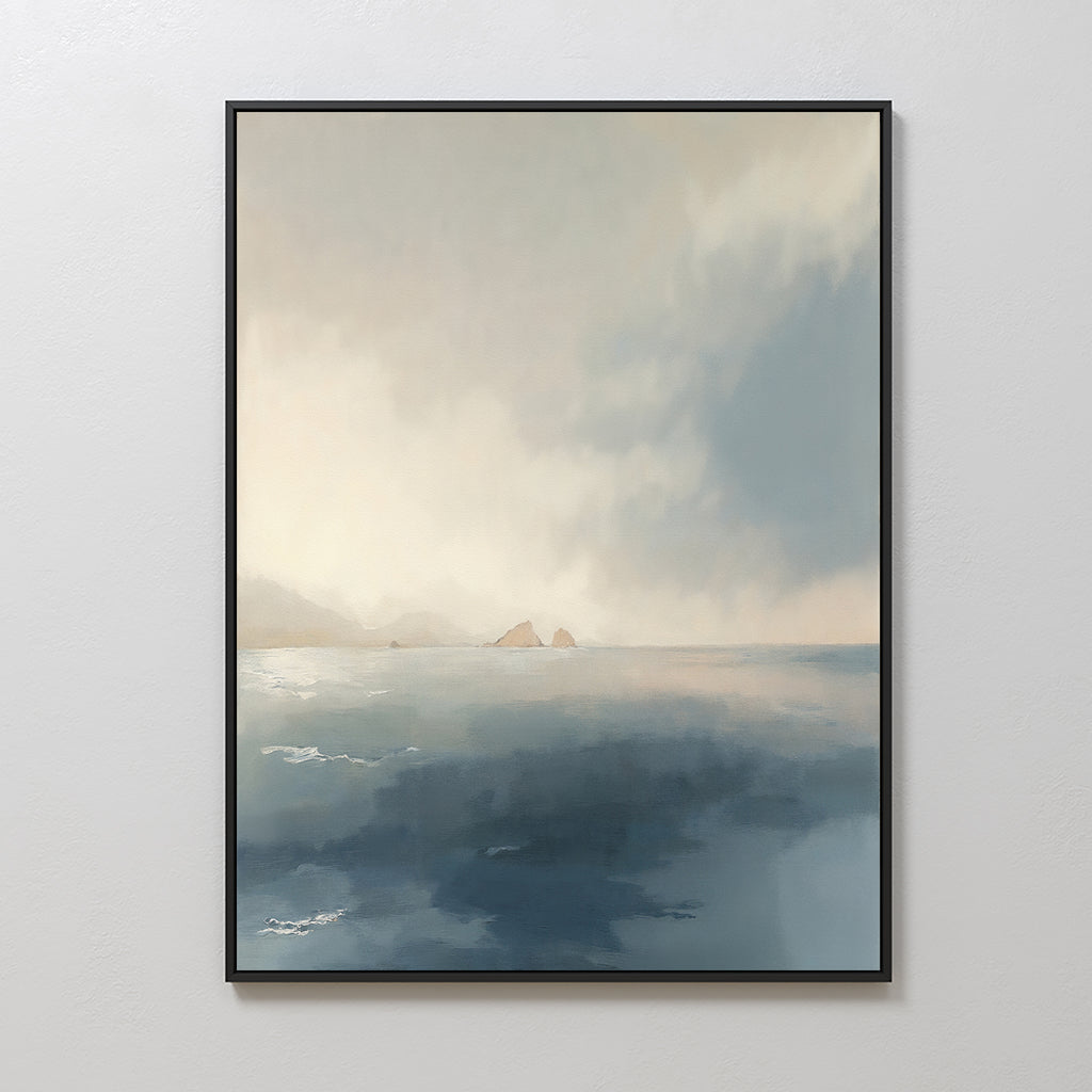 Distant Isles Canvas Art - Vertical features a tranquil seascape with soft blue and gray tones, distant islands on the horizon, and an overcast sky reflected on the water.