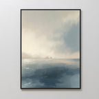 Distant Isles Canvas Art - Vertical features a tranquil seascape with soft blue and gray tones, distant islands on the horizon, and an overcast sky reflected on the water.