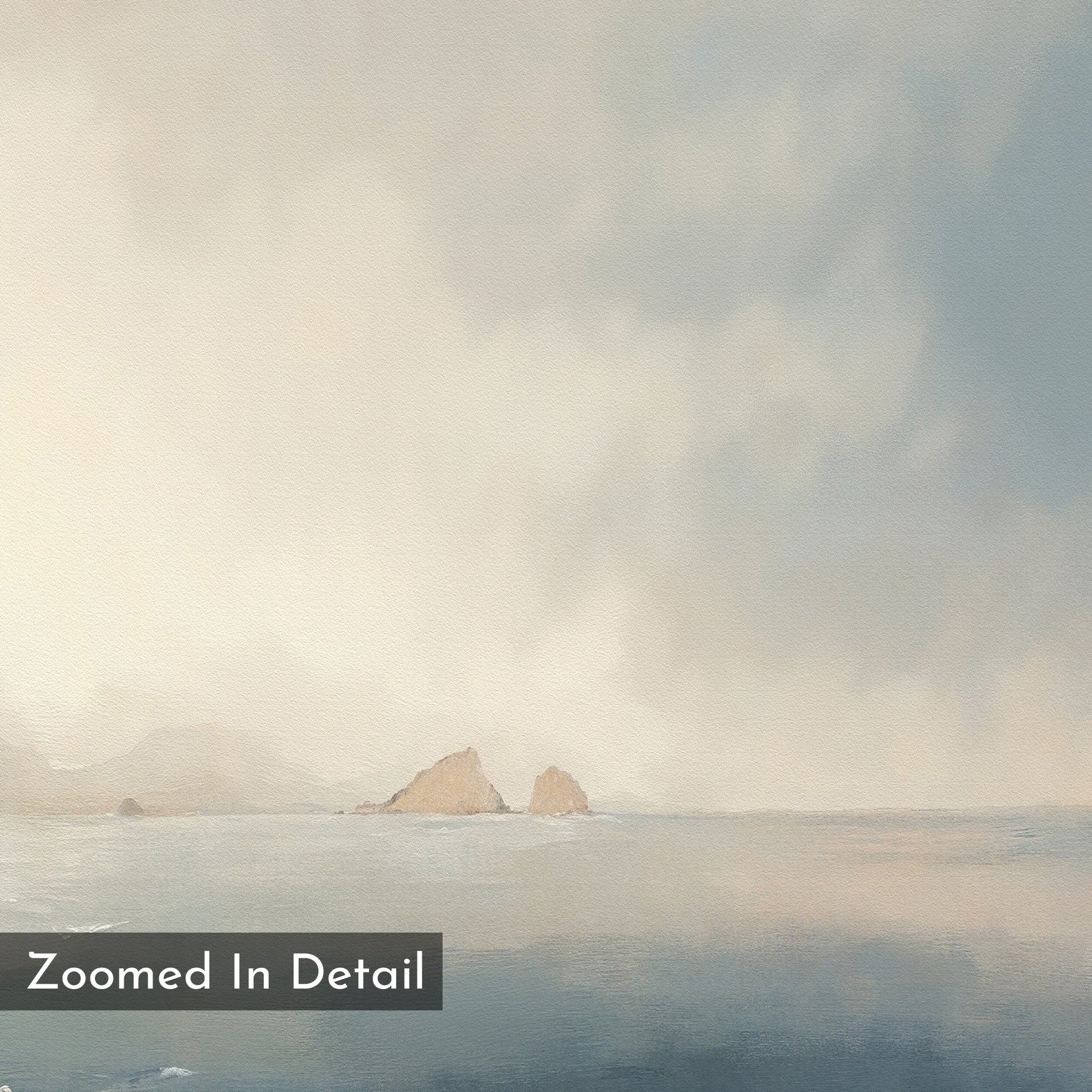 The Distant Isles Canvas Art - Vertical features a tranquil seascape with a cloudy sky over calm waters, ideal for adding Nordic Park serenity to your space.