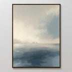 The Distant Isles Canvas Art - Vertical features a tranquil seascape with calm blue water and hazy landforms under a cloudy sky, all rendered in soft, muted tones on a framed canvas.