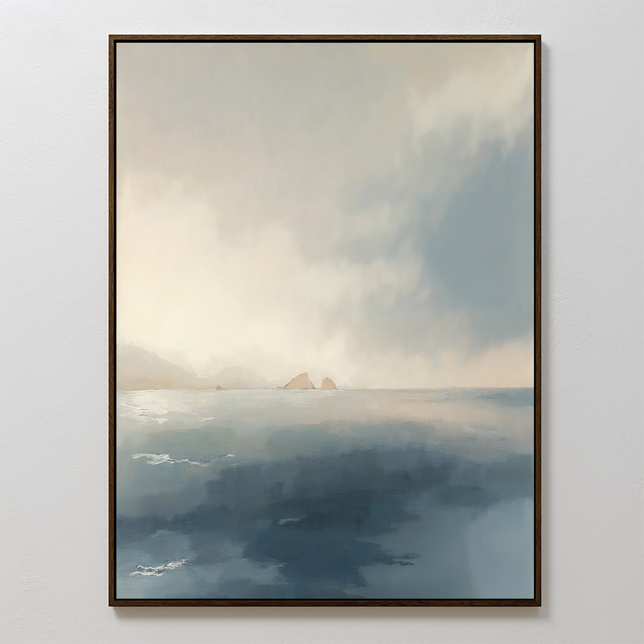 The Distant Isles Canvas Art - Vertical features a tranquil seascape with calm blue water and hazy landforms under a cloudy sky, all rendered in soft, muted tones on a framed canvas.