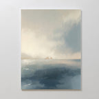 The Distant Isles Canvas Art - Vertical features a tranquil seascape with rocky islands, soft blue water, and a luminous cloudy sky, adding minimalist serenity and peaceful style to any space.