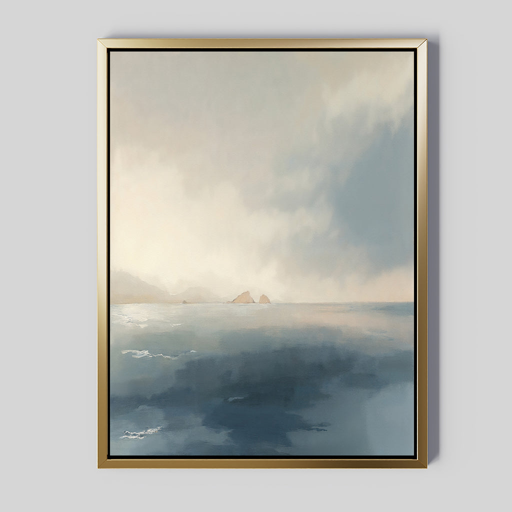 The Distant Isles Canvas Art - Vertical features misty blue water, rocky islands, and a soft cloudy sky in muted tones—perfect for bringing tranquility to any space.
