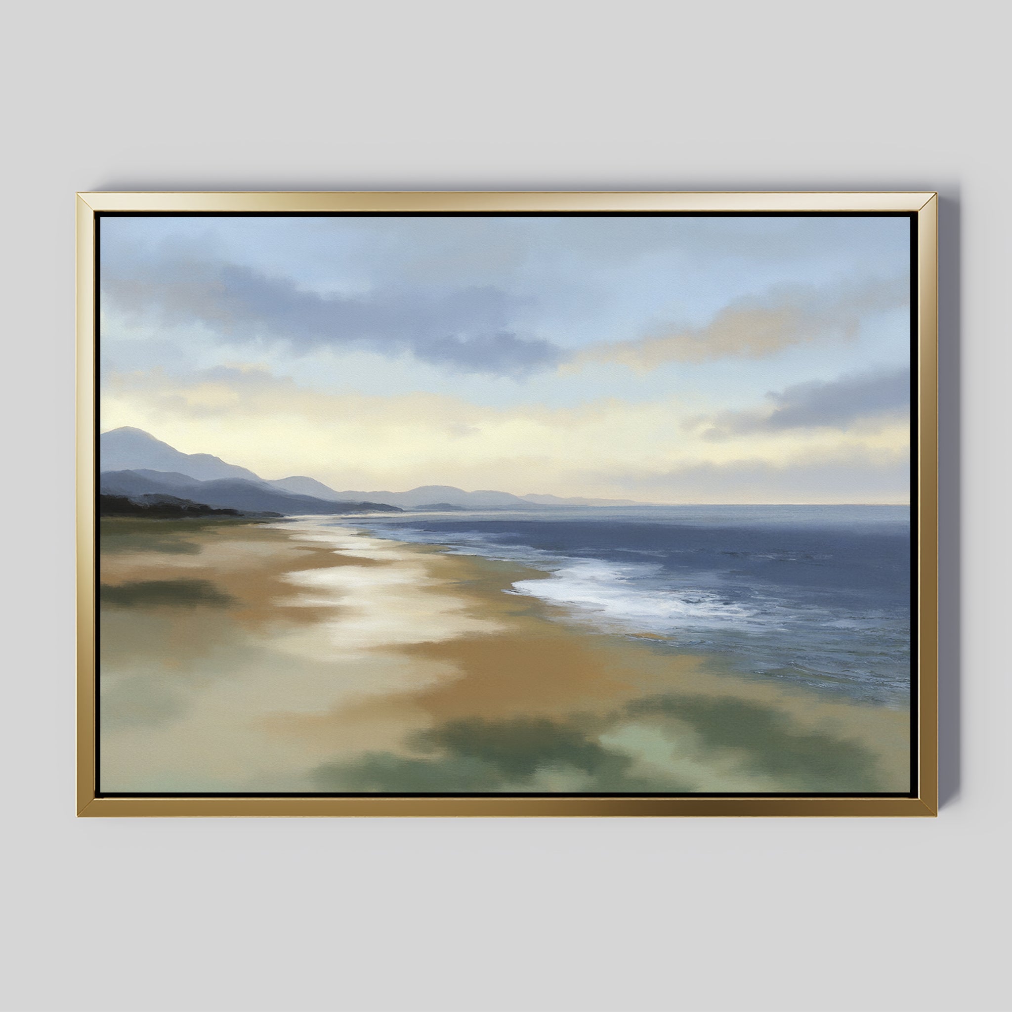 The Distant Shores Canvas Art - Horizontal features a framed painting of a tranquil coast with calm waves, a sandy beach, and distant mountains beneath a cloudy sky in soft, muted tones.