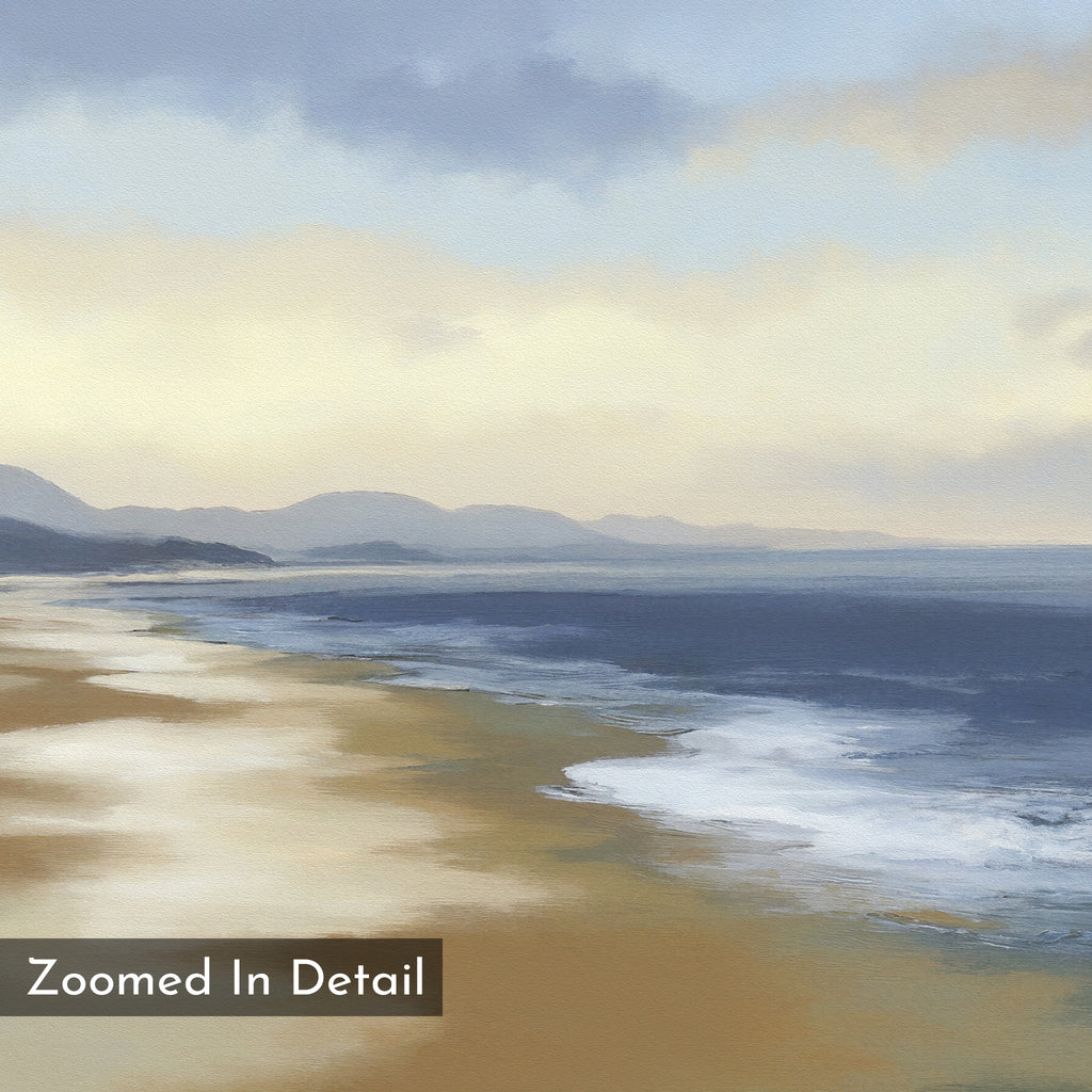 The Distant Shores Canvas Art - Horizontal showcases a soft, painterly beach with gentle waves, cloudy skies, and distant mountains. Detailed close-up imagery and the text "Zoomed In Detail" appear in the lower left corner.