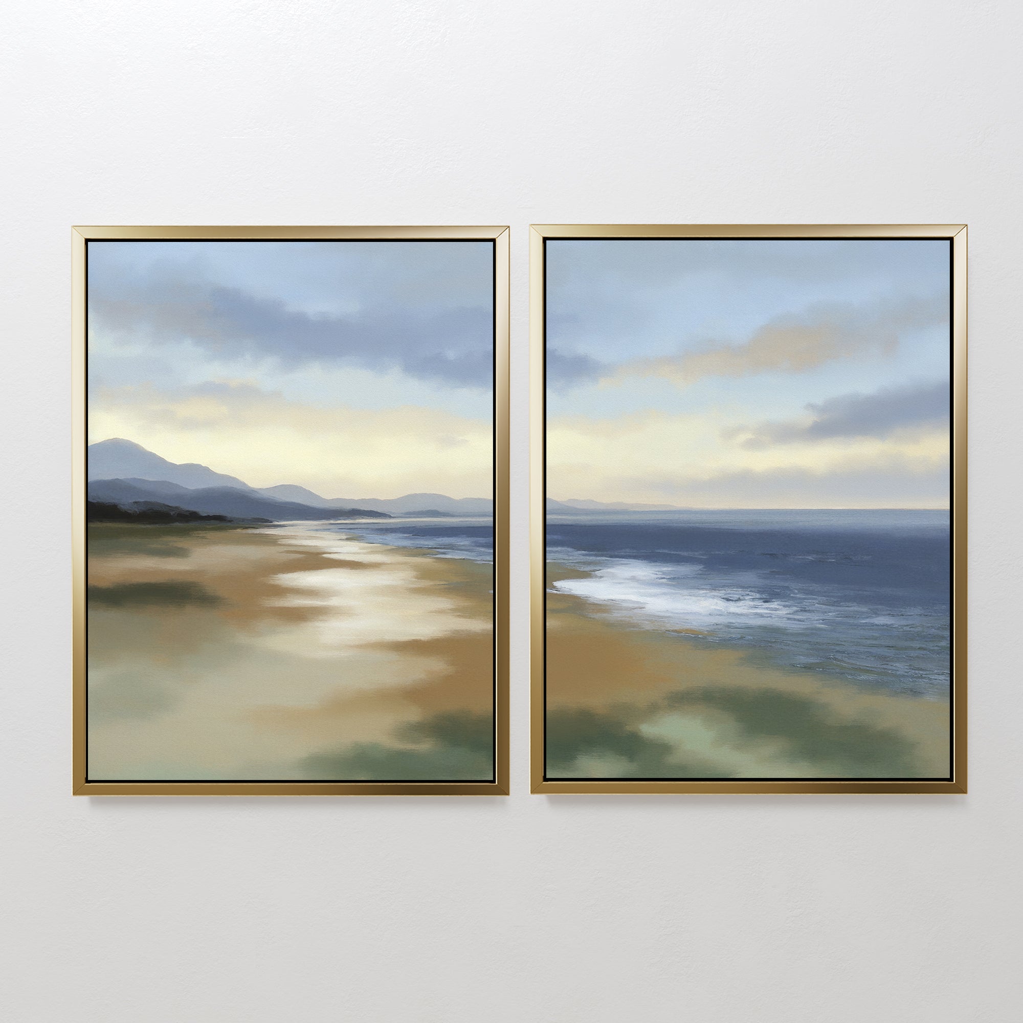 The Distant Shores - Set of 2 features framed landscape paintings side by side, showcasing a tranquil coastal view with mountains, sandy shore, and calm sea beneath a cloudy sky for a peaceful, natural touch.
