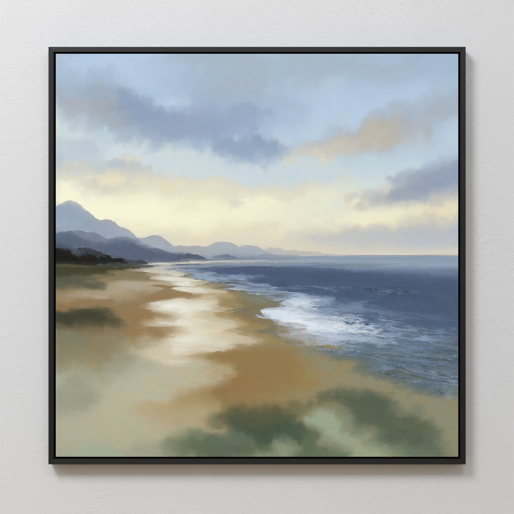The Distant Shores Canvas Art - Square features a tranquil beach at sunset with gentle waves, distant mountains, and a cloudy sky reflecting soft light across the serene landscape.
