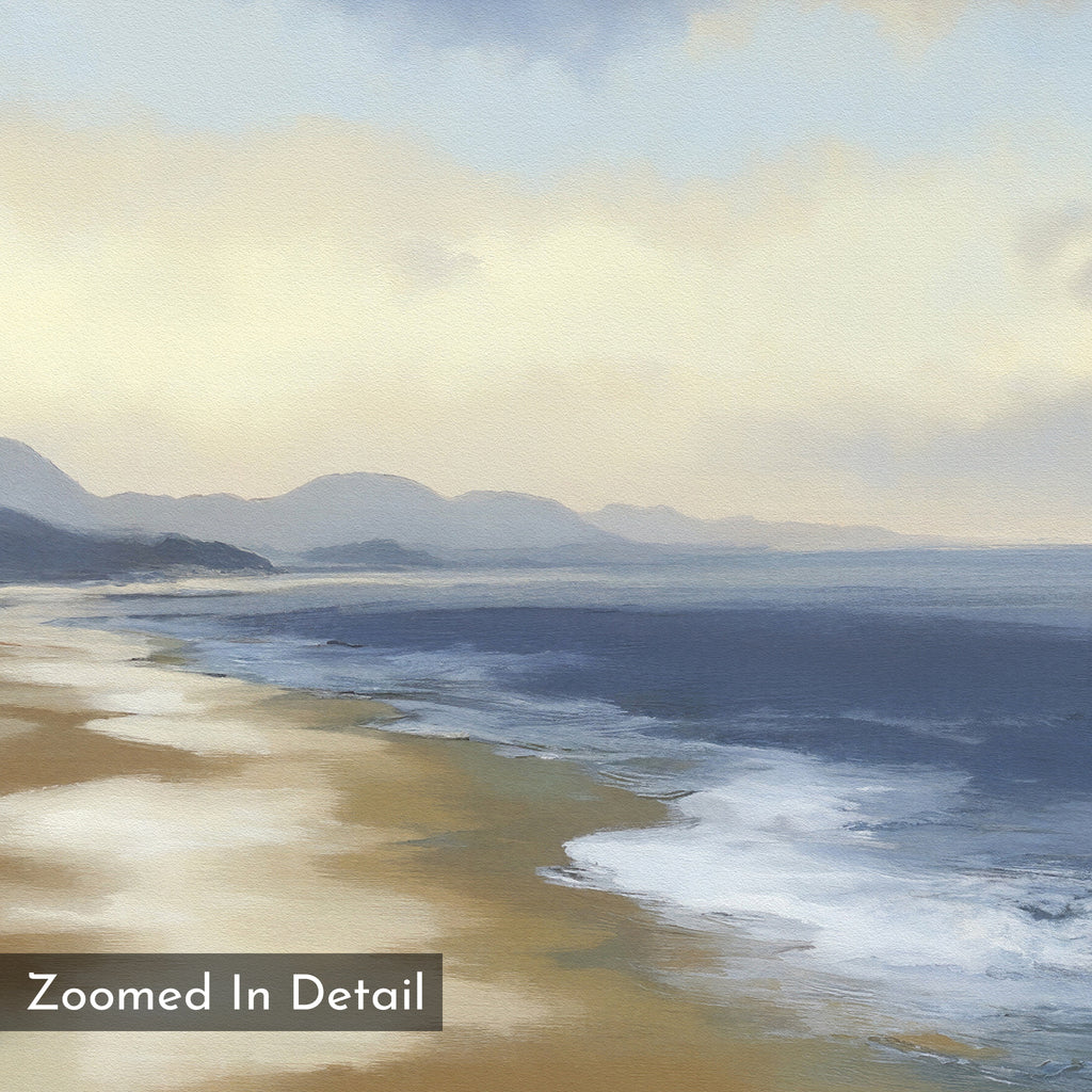 A tranquil, close-up scene of a sandy beach, soft waves, blue ocean, distant mountains, and cloudy sky with a painterly texture—ideal as the Distant Shores Canvas Art - Square. “Zoomed In Detail” appears in the corner.