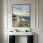 The Distant Shores Canvas Art - Vertical hangs on a beige wall above a marble console table, with neatly arranged candles and vases as decorative accents.