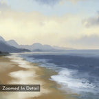 The Distant Shores Canvas Art - Vertical features a serene scene of gentle waves on a sandy beach with distant misty mountains and a partly cloudy sky. “Zoomed In Detail” appears in the lower left corner.