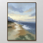 The Distant Shores Canvas Art - Vertical features a serene coastal panorama with gentle waves, sandy shore, distant mountains, and a cloudy sky at sunrise or sunset, beautifully framed and displayed on a plain white wall.
