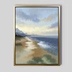 The Distant Shores Canvas Art - Vertical is a framed print featuring a serene coastal panorama with gentle waves, sandy shore, distant mountains, and a cloudy sky in soft blues, greens, and warm earth tones.
