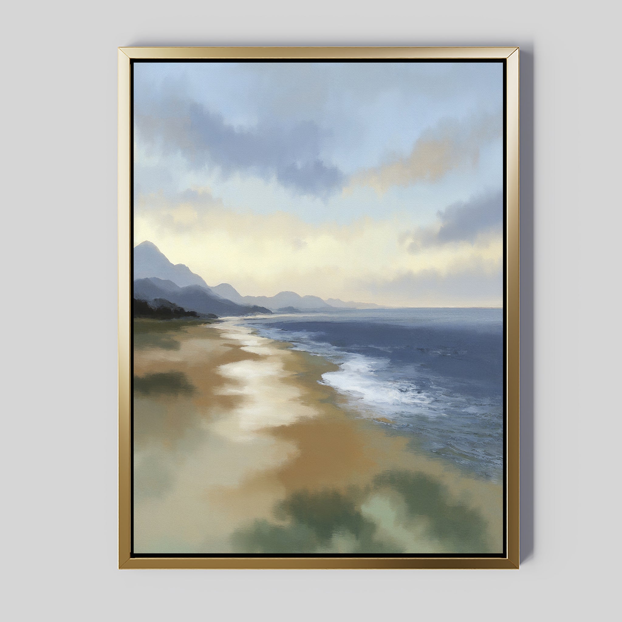 The Distant Shores Canvas Art - Vertical is a framed print featuring a serene coastal panorama with gentle waves, sandy shore, distant mountains, and a cloudy sky in soft blues, greens, and warm earth tones.