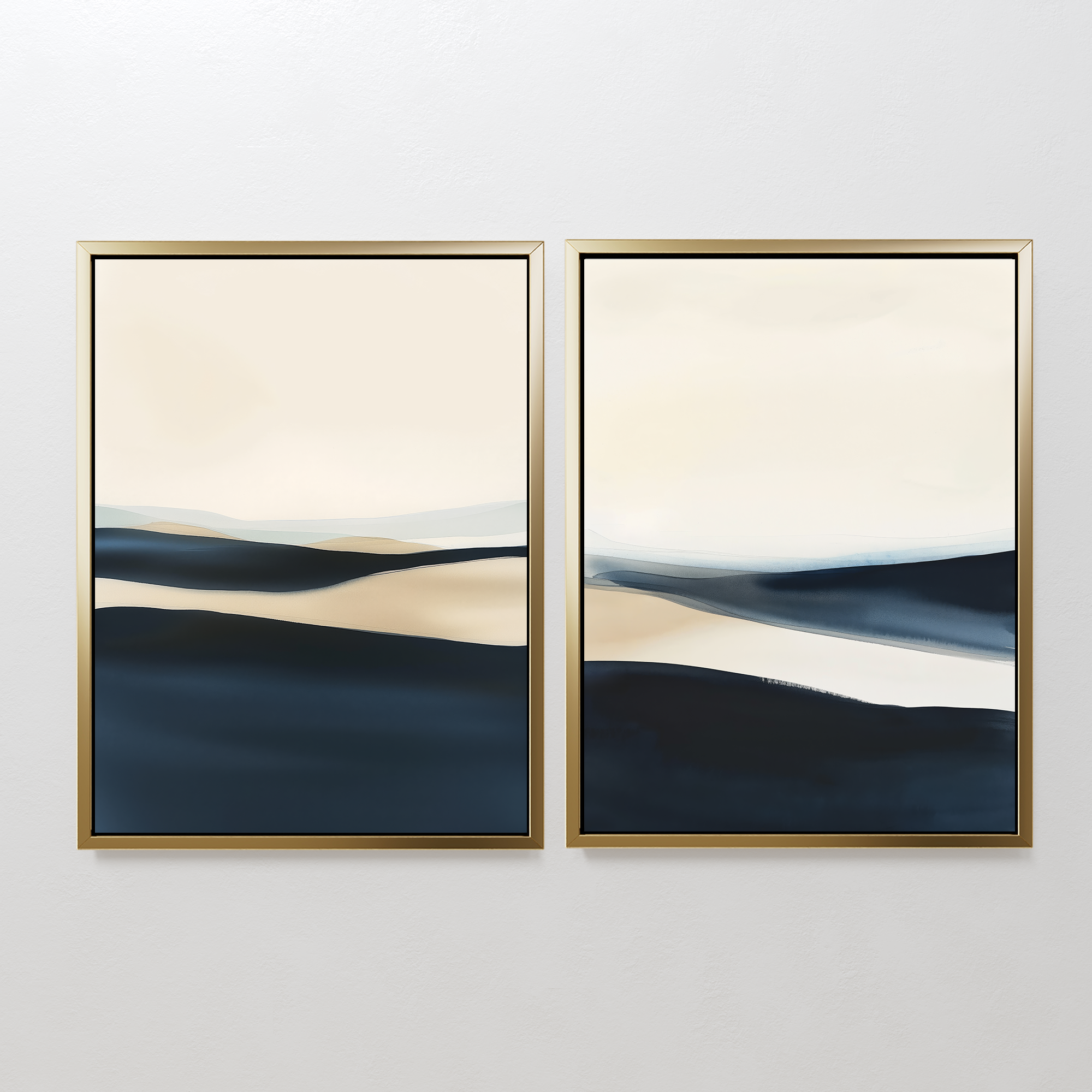 The Twilight Horizons Set of 2 features abstract landscape paintings with gold frames and soft beige, navy, and dark blue shapes—modern wall art that brings a serene horizon feel to any space.