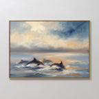 The Dolphin Pod at Sunset Canvas Art - Horizontal features dolphins swimming under a cloudy sky with golden sunlight in muted blues and grays, making this serene piece ideal for coastal-themed wall decor.