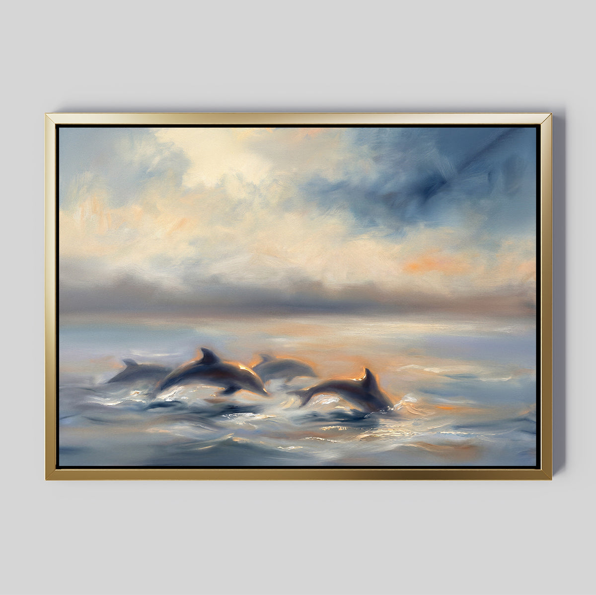 The Dolphin Pod at Sunset Canvas Art - Horizontal features dolphins swimming together in a calm ocean under a hazy sunset sky, with warm light on the water—an ideal serene wall art piece for any space.