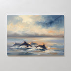 Dolphin Pod at Sunset Canvas Art - Horizontal features dolphins swimming together at sunset with gentle waves in soft blue, orange, and yellow—an ideal serene wall art print for coastal wall decor.